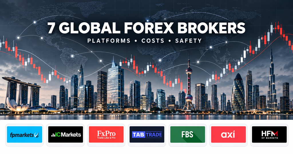 Global forex broker comparison featuring FP Markets, IC Markets, FxPro, TabTrade, FBS, Axi, and HFM logos with a forex chart.