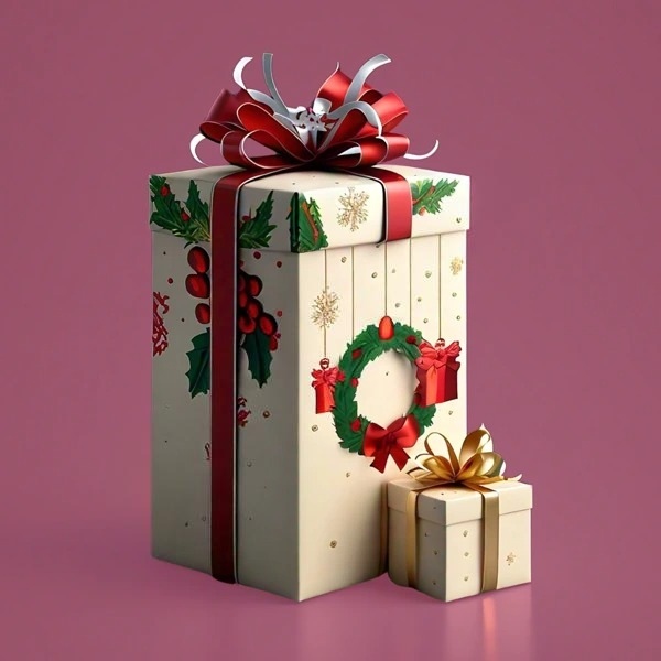 Elegant Christmas gift boxes decorated with red ribbons, festive wreaths, and holiday designs.